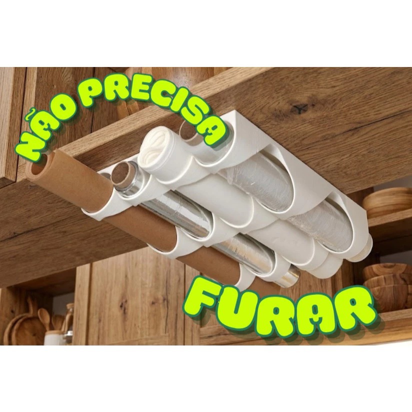 Suporte Porta Rolos Cozinha Sob Armário (Alumínio/PVC) - Fixação 3M Sem Furos