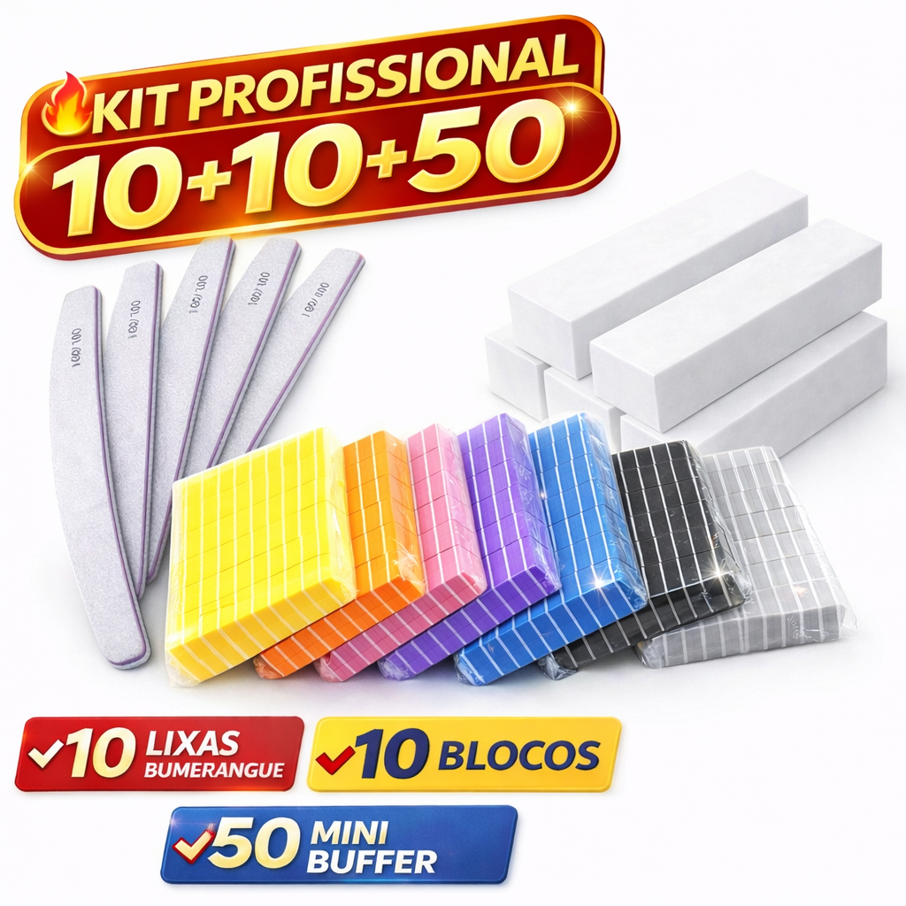 Kit Lixa Profissional 70un | 50 Mini Buffer + Bloco Polidor + Bumerangue 100/180