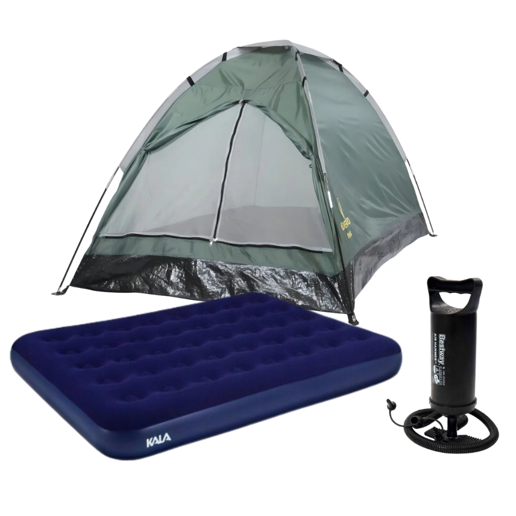 Kit Barraca Camping 3 Pessoas + Colchão Inflável de Casal 300Kg + Bomba Manual