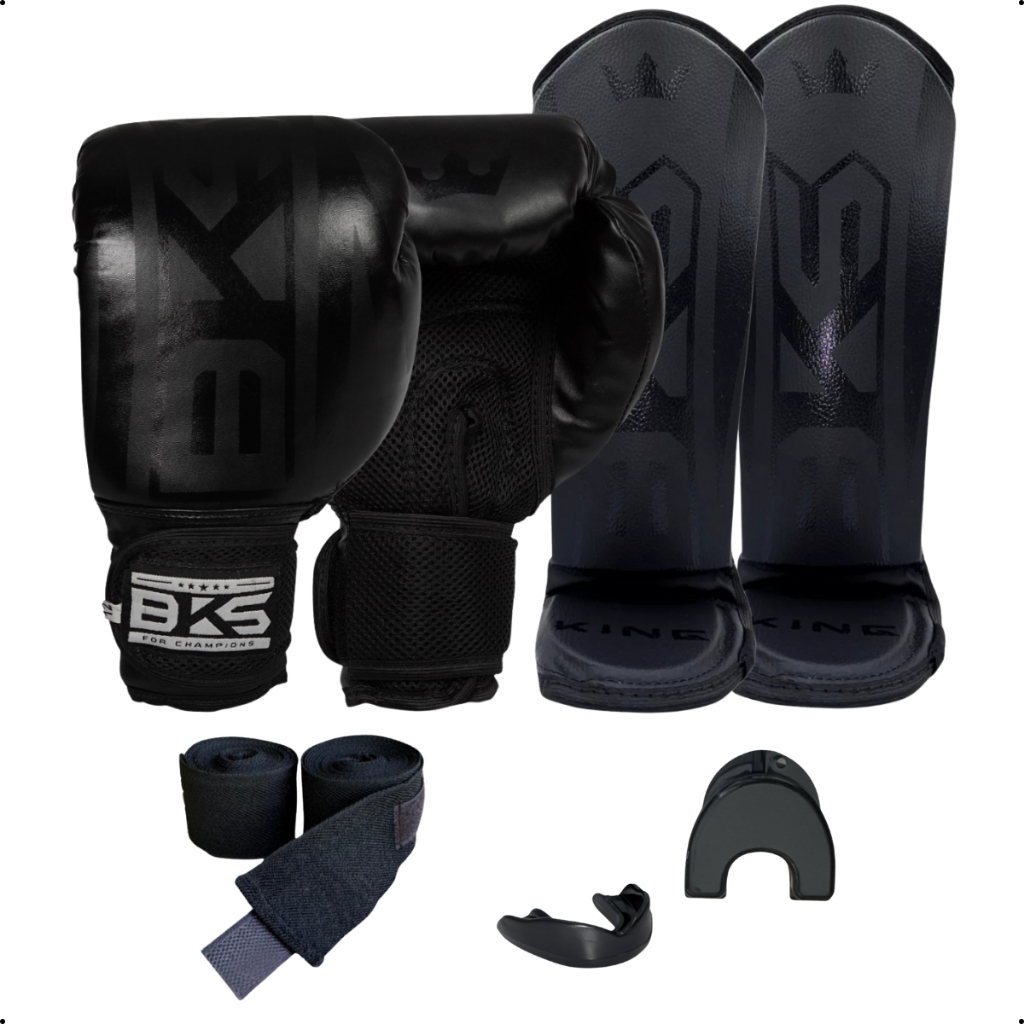 Kit BKS 4 em 1 Luva Boxe 8/10/12/14/16oz Kickboxing Muay Thai Sparring Treino + Caneleira EVA + Bucal + Bandagem 3m