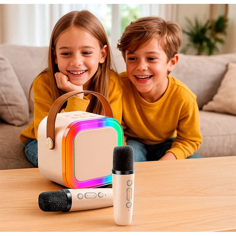K12 Caixa de som portátil sem fio com LED via Bluetooth 2 microfones karaokê diversão da família e a criançada