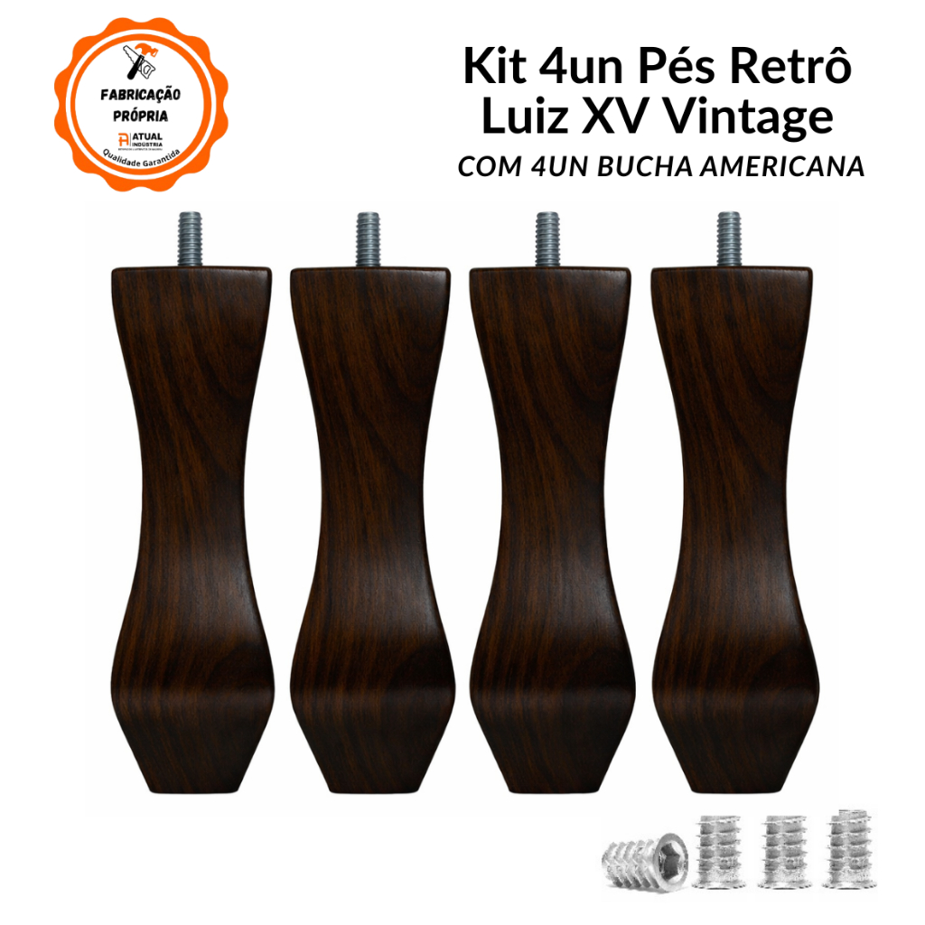 Kit Com 4 Pés Retrô Vintage Tabaco Escuro Em Madeira Eucalipto + Bucha americana