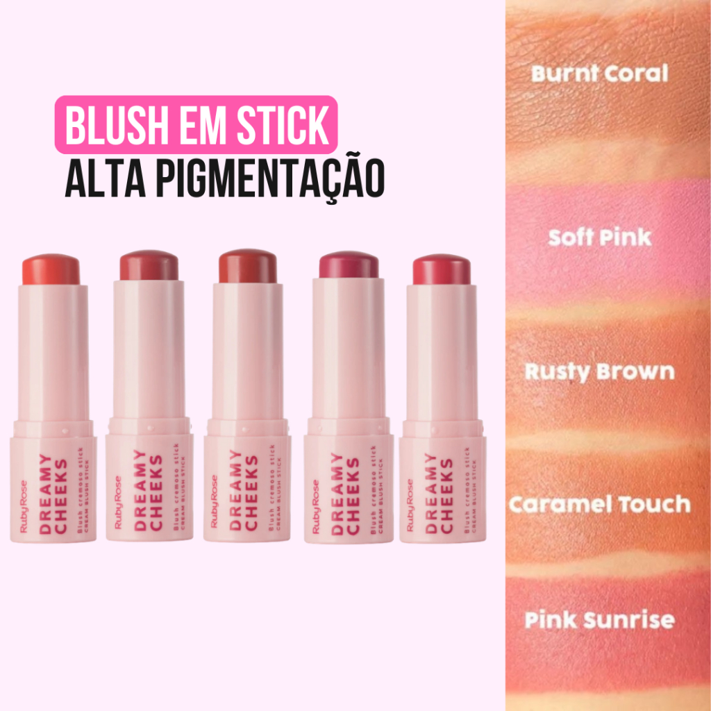 Blush Stick Ruby Rose Dreamy Cheeks Cremoso em Bastão 6,57g – Linha Rosa | HBM01 em Oferta na Shopee