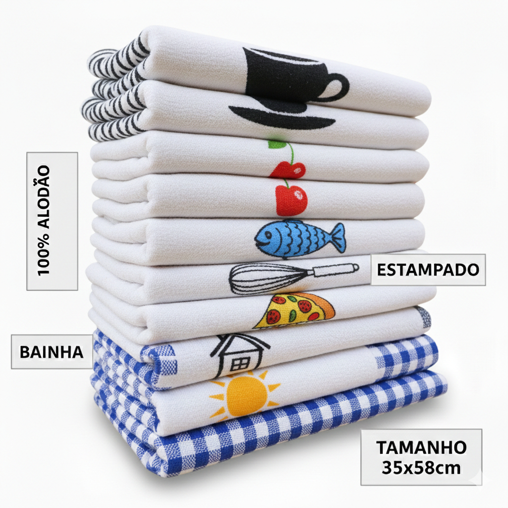 Pano De Prato Cozinha  Estampado Grande Bainha Kit Atacado 5/10 Peças 100% Algodão em Oferta na Shopee