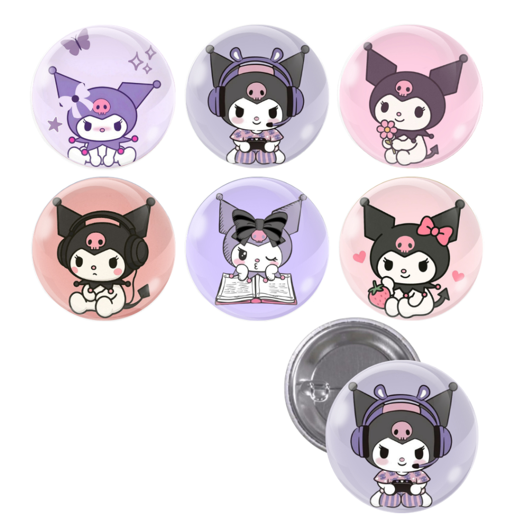 Cartela De Buttons Pins Broche Kuromi Amiga Hello Kitty SuperCute Com 6 Unidades Adventure Cute Fofo