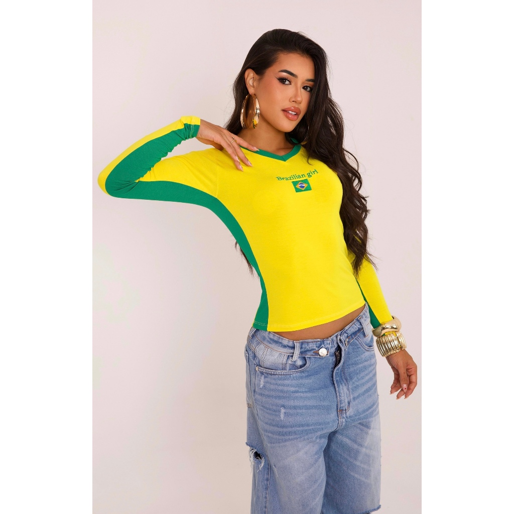 Camiseta de manga longa BRAZILIAN GIRL BRASIL WORD CUP COPA DO MUNDO gola g moda feminina ...