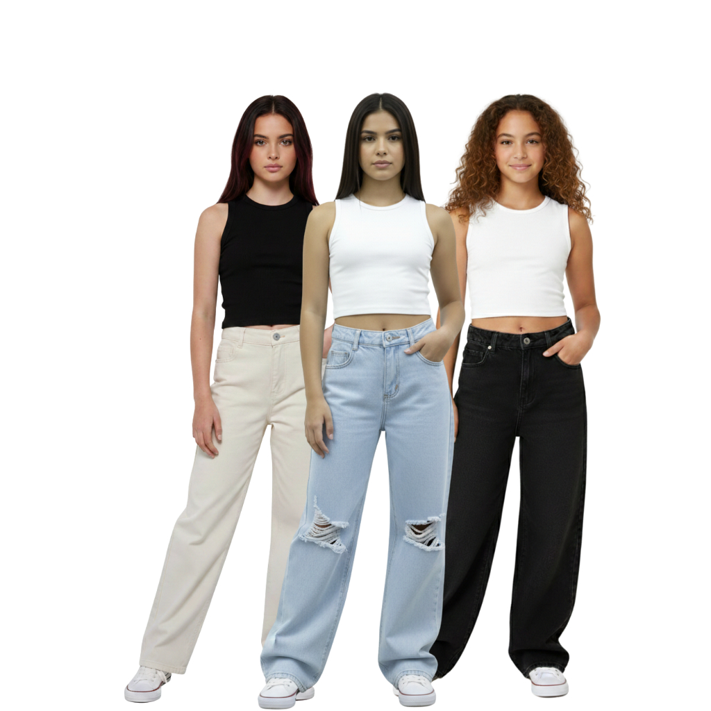 Kit 3 Calças Wide Leg Infantil Feminina – Jeans Claro, Jeans Preto e Bege, Cintura Alta, Pantalona, Moda Teen, com bolso