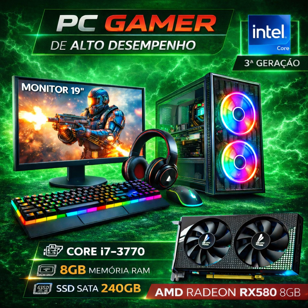 Computador Gamer Completo i7 3Gen - 8GB - 240GB - Monitor 19" - RX580 8GB - Windows 11 Trial