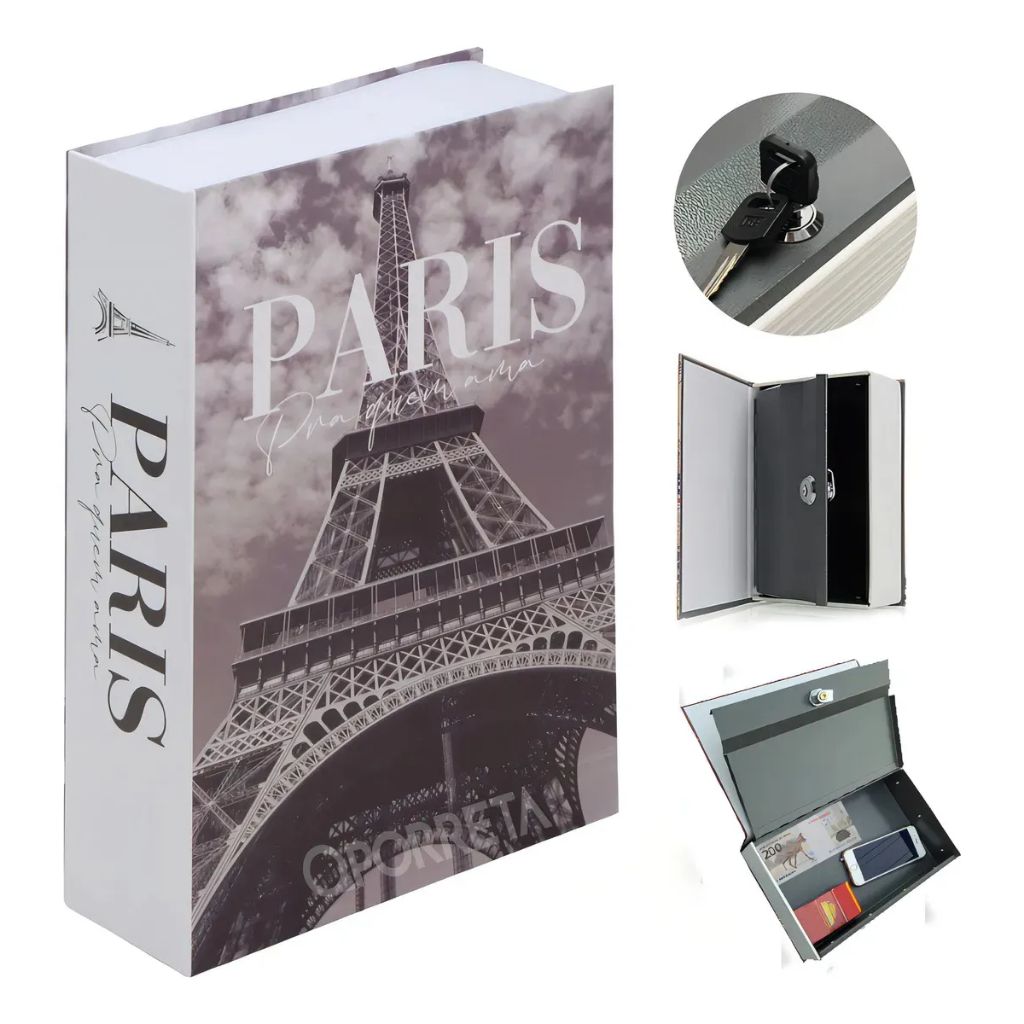 Cofre Camuflado Livro Paris Porta Objetos Secreto com 2 Chaves Segurança para Dinheiro Documentos e Joias Decorativo