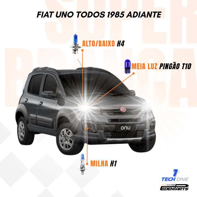 Kit Lâmpadas Super Brancas TechOne – Fiat Uno 1985 em diante (Todos) + Brinde