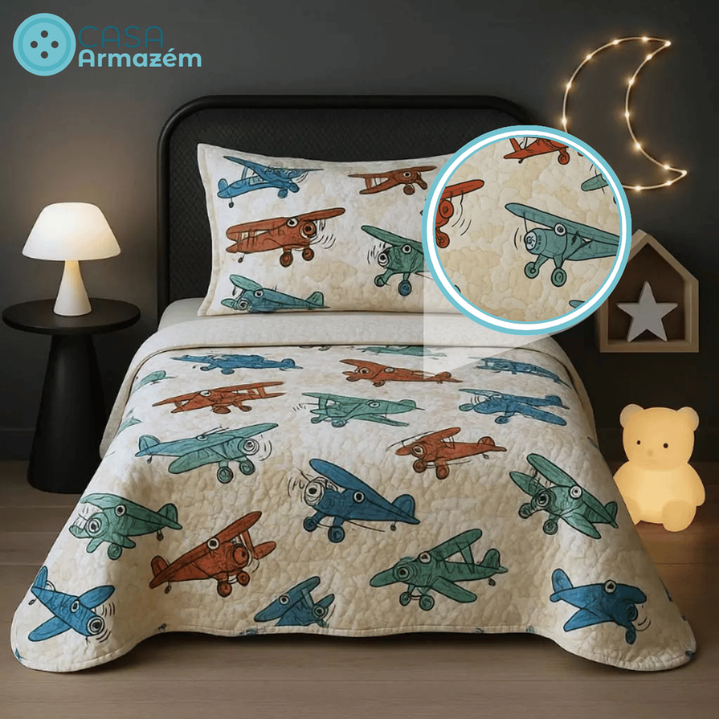 Kit Cobre Leito 02 Peças Aviões Infantil Menino Matelado Estampado Solteiro