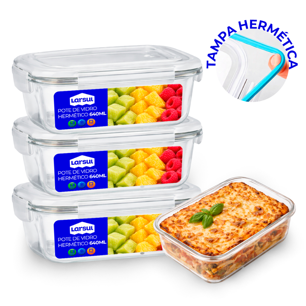 Conjunto Potes 640ml Vidro Hermético Mantimentos Marmita 640ml Marmita Fit com Tampa 4 Travas