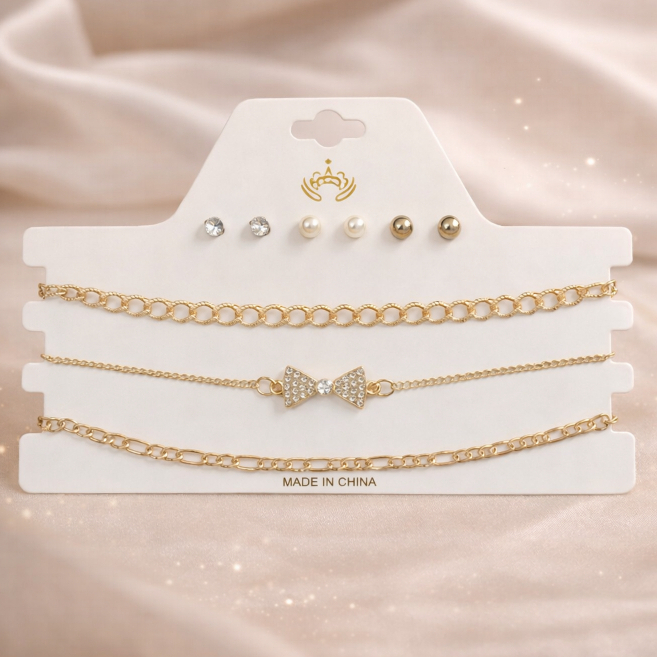 Kit 3 Pares Brincos e 3 Colares Choker Chocker Dourado Prateado Prata Conjunto Gargantilha Corrente