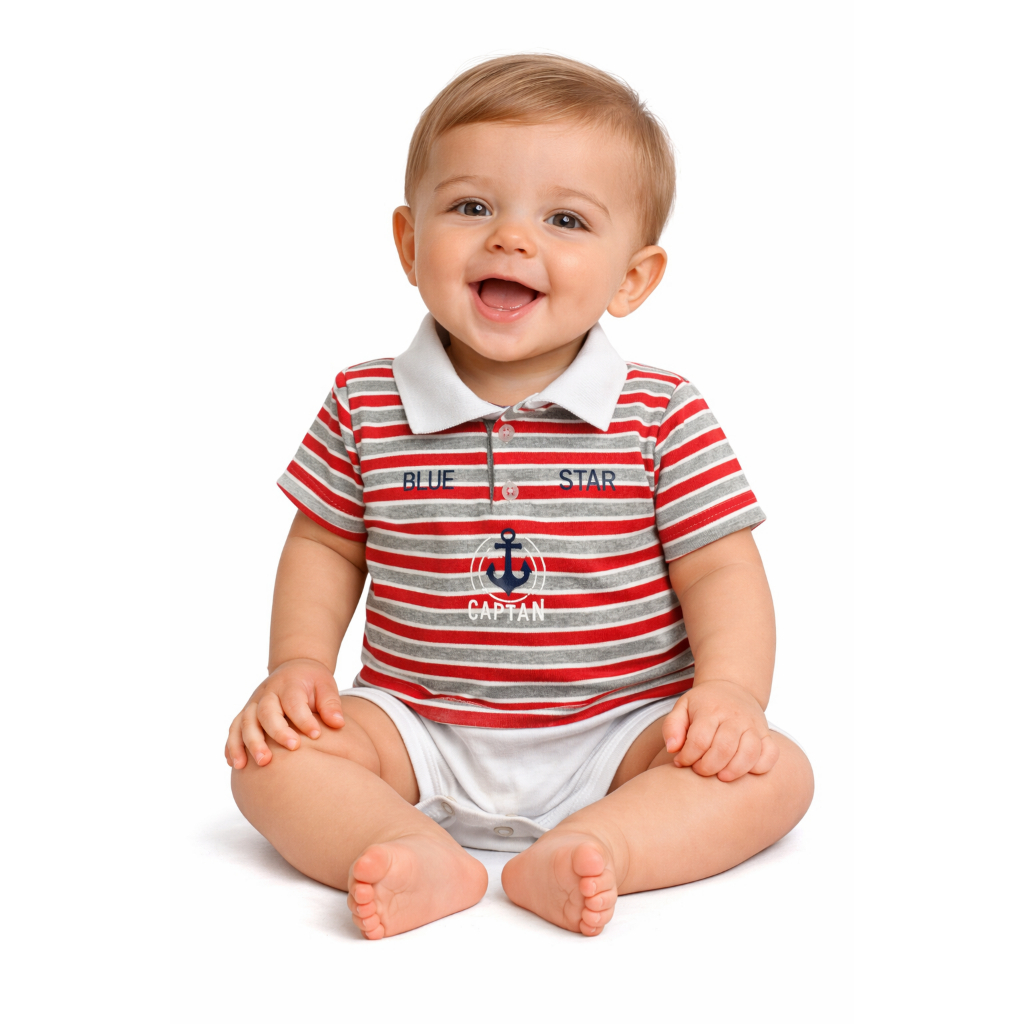 Body Bebê Menino Polo Listrado Roupa Infantil Masculina Estilo Marinheiro +1BB