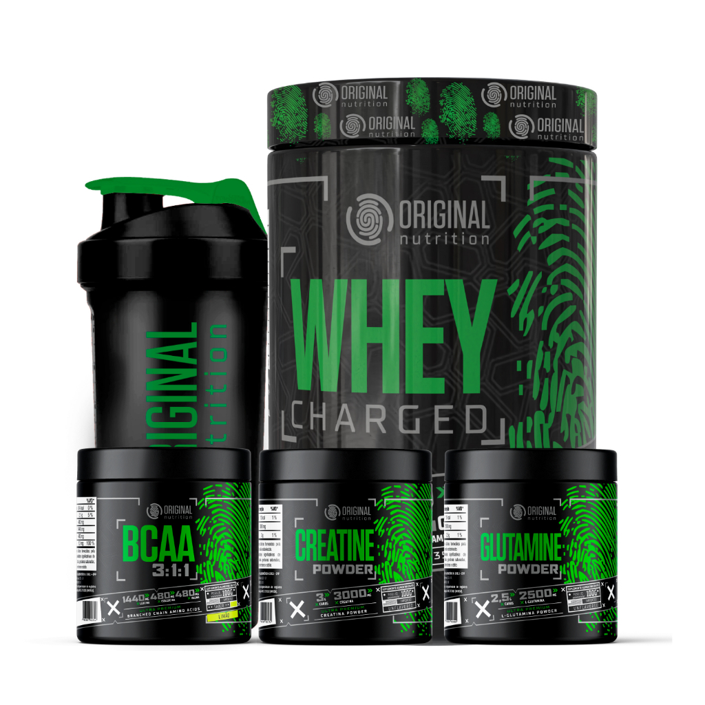 Kit Whey Charged ON + Bcaa + Glutamina + Creatina + Shaker em Oferta na Shopee