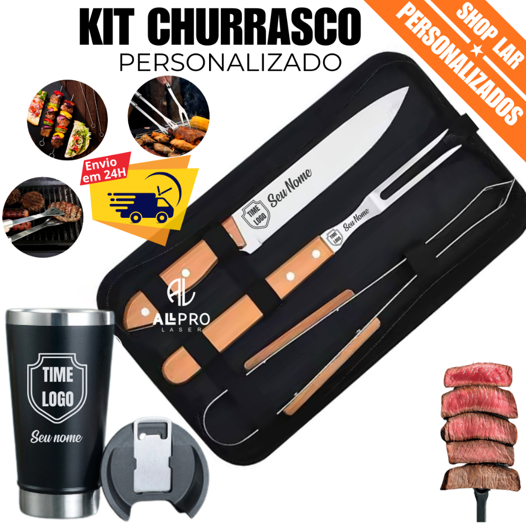 Kit Churrasco 3 Peças / Kit Churrasco 3 Peças + Copo Personalizado Time Nome
