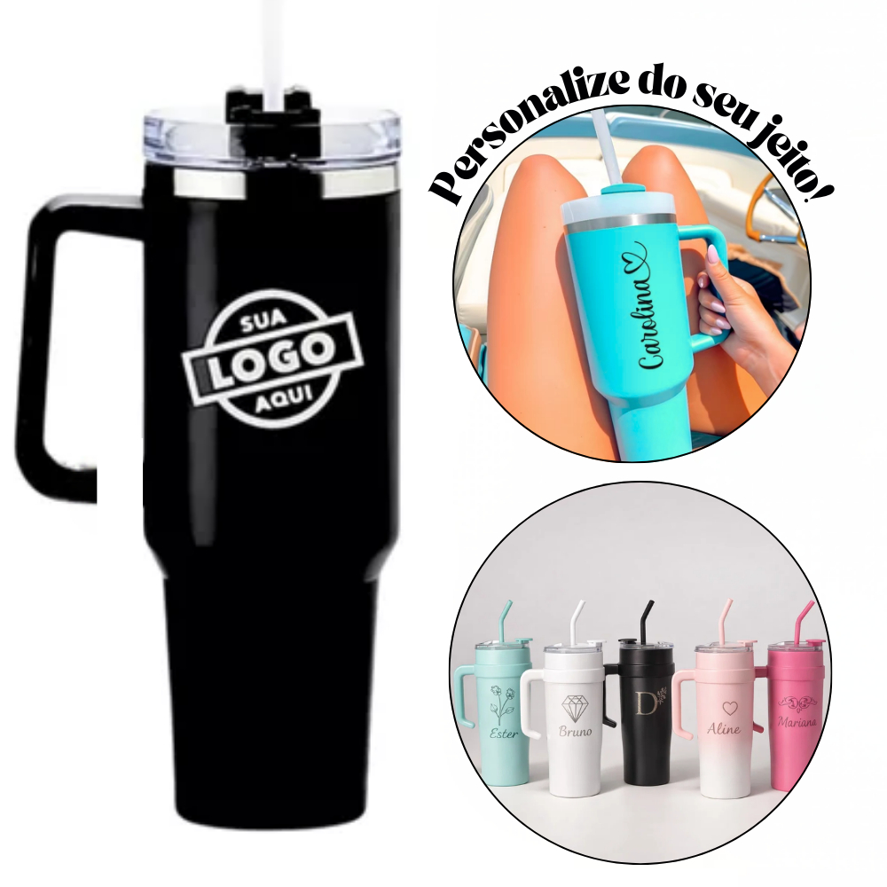 Copo Térmico Virgínia Personalizado Nome Logo Frase Inox Alça Flip Straw com canudo de Metal 1200ml