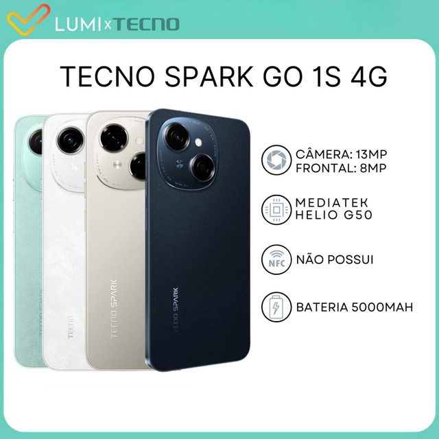 Tecno Spark Go 1S 4G, 64GB + 3GB RAM, e Spark Go 1, Bateria 5000MAH, VERSÃO GLOBAL, Processador Mediatek Hélio G50