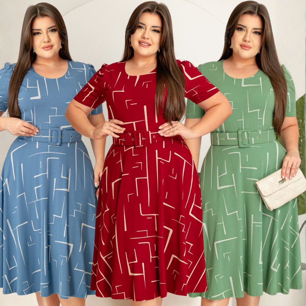 Vestido com cinto midi saia rodada godê manga curta decote redondo viscolycra com estampa. em Oferta na Shopee