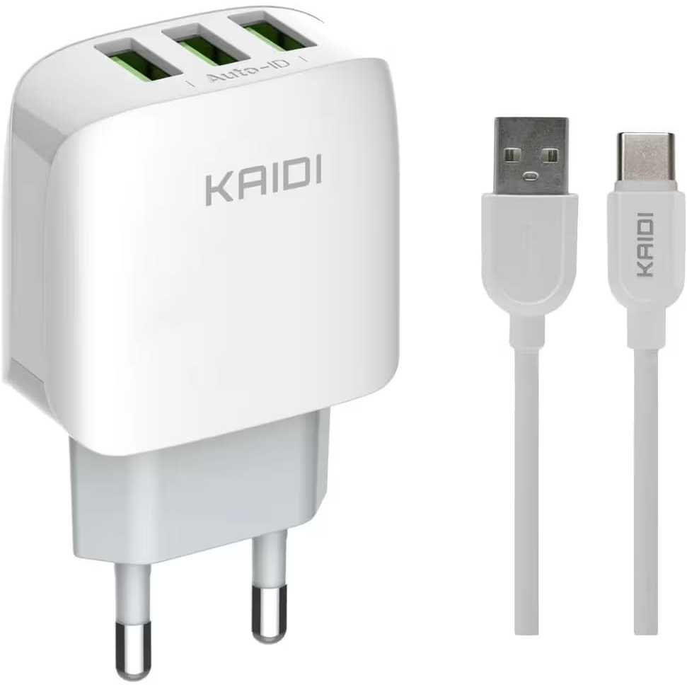 Kit Cabo + Fonte Importada KAIDI KD-557C 3.1A Turbo Triplo USB Bivolt com Cabo Tipo-C 3 Portas Auto-ID Carregamento