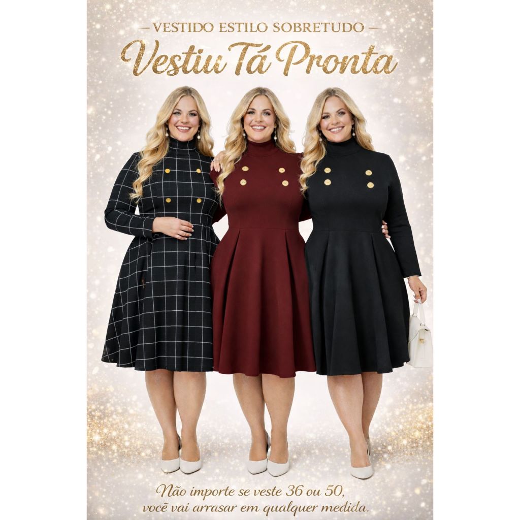 Vestido Moda Evangélica Social Estilo Sobretudo Manga Longa Rodado Plus Size Sobre Tudo Preto Golá Alta Godê