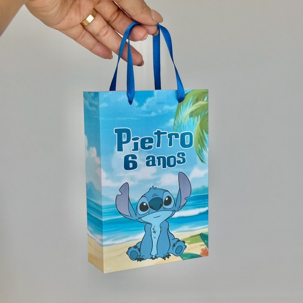 Sacolinhas Stitch Menino Pegue e Monte - 10 Sacolinhas Personalizadas - Lembrancinhas Fim de Festa