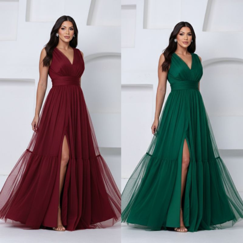 vestido femenino longo elegante ideal para madrinhas en tule ilusion lisso con fenda
