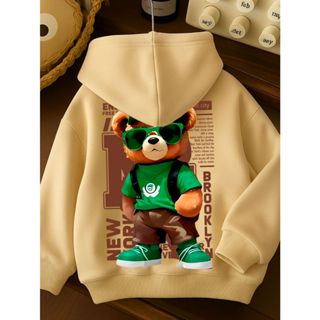 Moletom com Capuz de Manga Longa Confortável com Estampa de Urso Cartoon NY Minimalista para Meninos em Oferta na Shopee