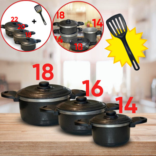 Kit 3 Caçarolas Alumínio Craquelado Granito 14cm 16cm 18cm + Espátula Preta com Tampas em Oferta na Shopee