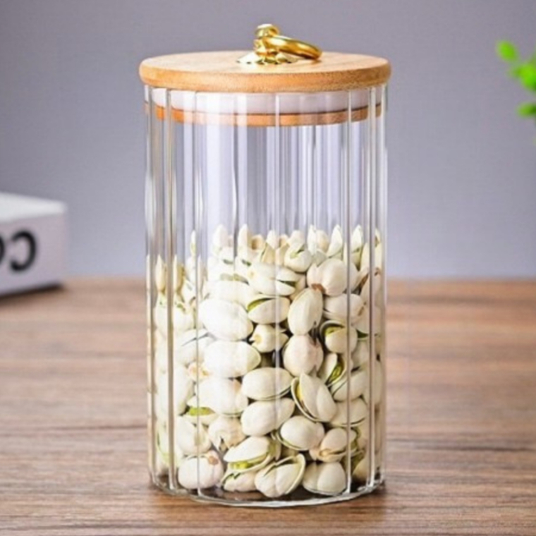 Pote de Vidro CANELADO M TRANSPARENTE Porta Mantimentos Hermético Tampa Bambu (M 750ML)