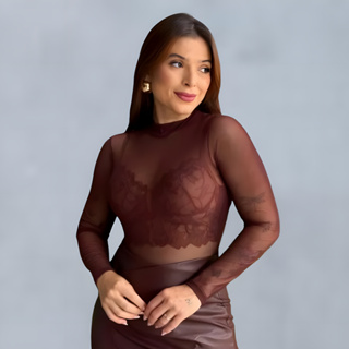 Body Transparente Plus Size De Tule Manga Longa Balada em Oferta na Shopee