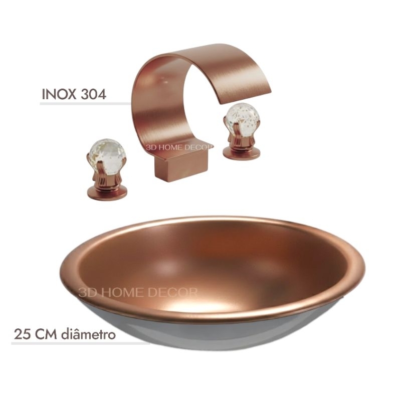 Cuba com Torneira Monocomando Rose Gold Premium Torneira Cristal Rose Cuba Inox 25 CM Rose Gold Bancada