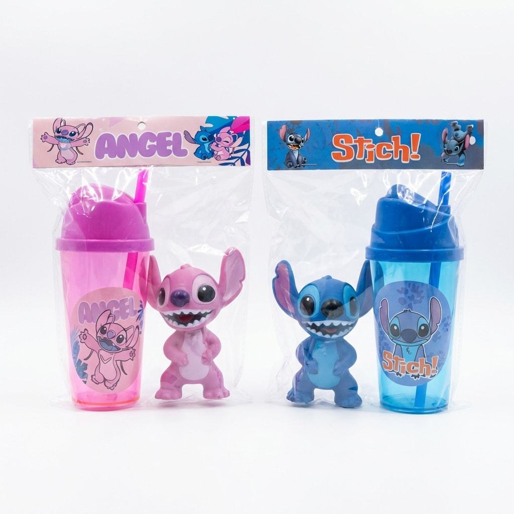 Bonecos Stitch e Angel + Copo Twister Coponudo Infantil