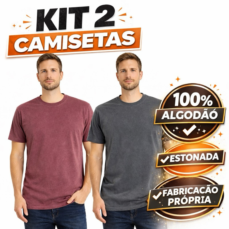 Kit 2 Camisetas Masculinas 100% algodão Estonadas Lisa em Oferta na Shopee