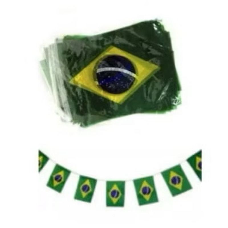 VARAL DE BANDEIRA GRANDE BRASIL METALIZADA | TAM.: 42X35CM CADA BANDEIRA | 10 METROS | DUPLA FACE | FUTEBOL | JOGO | COP