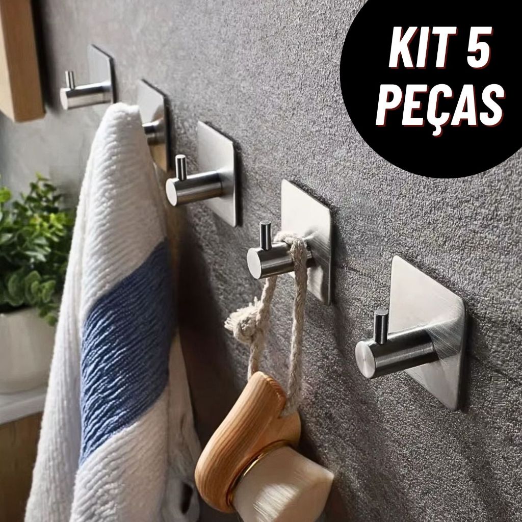 Kit 5 Ganchos Inox Auto-Adesivo Parede Pendurar Toalhas Multiuso