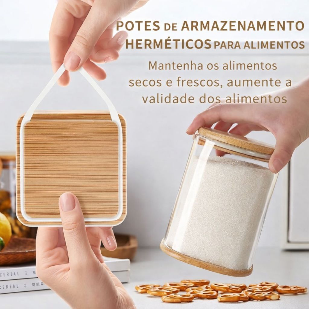 Detalhes do Potes de Vidro De 1 Litro com Tampa E colher de Bambu Hermética