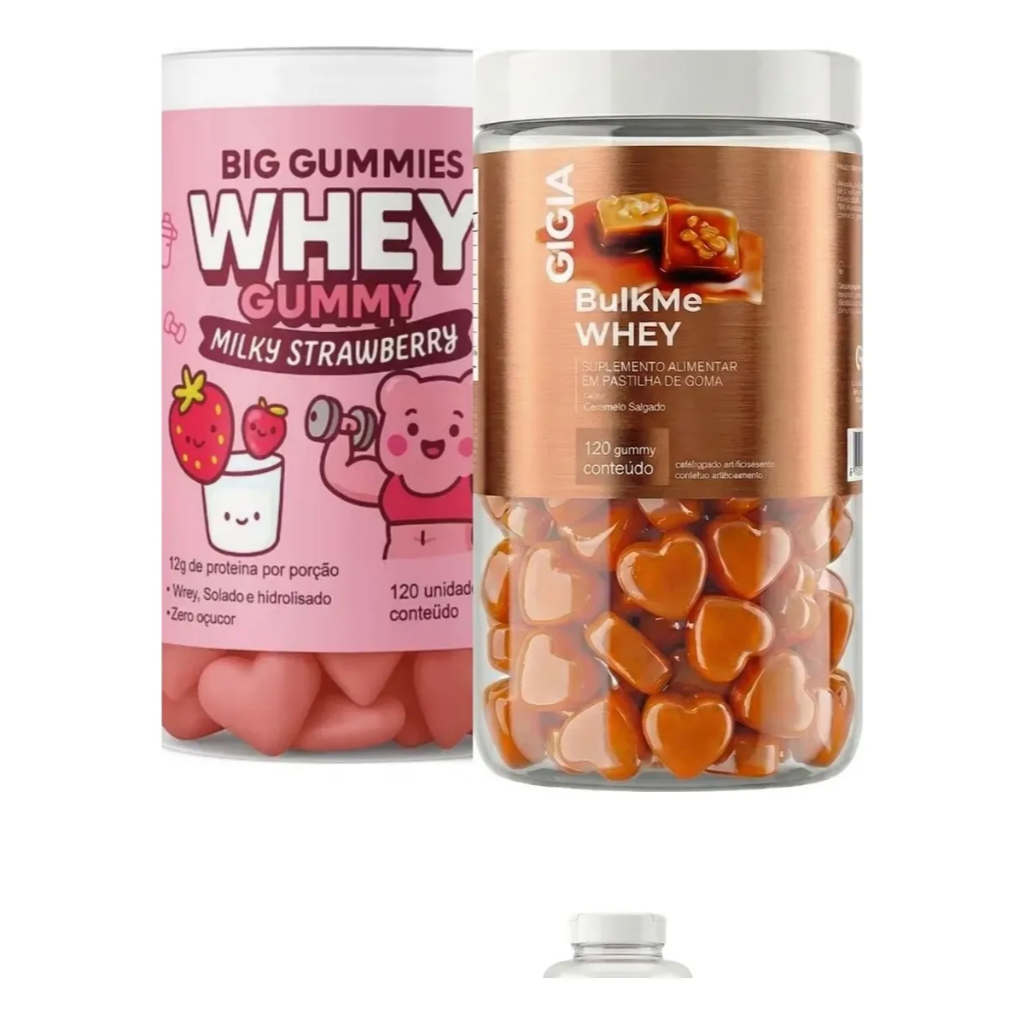 Kit 2 Com Whey Iso Big Gummies Morango 12g de Proteína + Gummy de Caramelo Salgado Bulk Me Caramelo