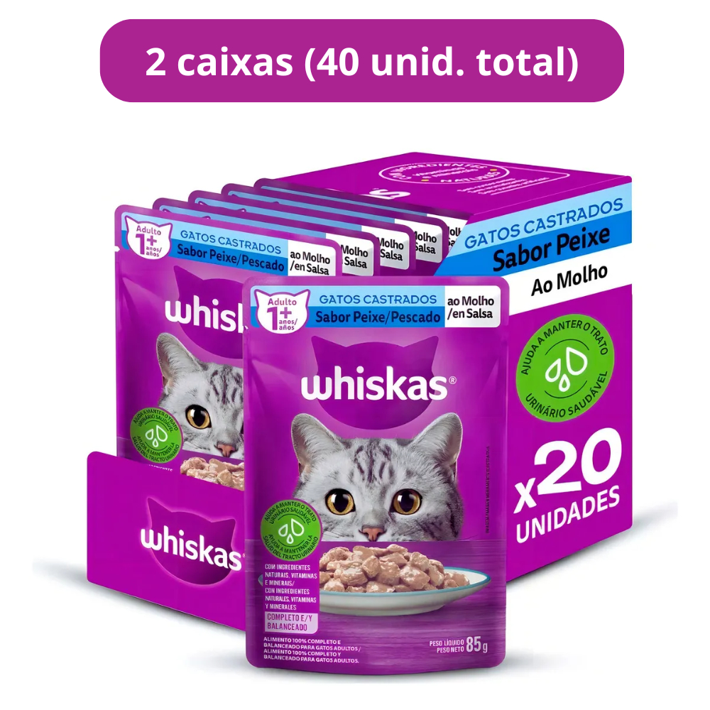 Kit Ração Úmida Peixe ao Molho para Gatos Adultos Castrados 40 Unidades Whiskas