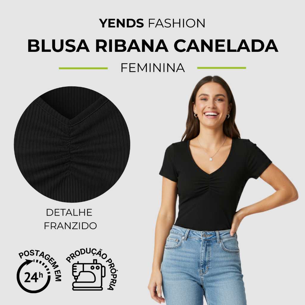 Blusa Feminina Estilosa Ribana Canelada Decote V Manga Curta Detalhe Elegante