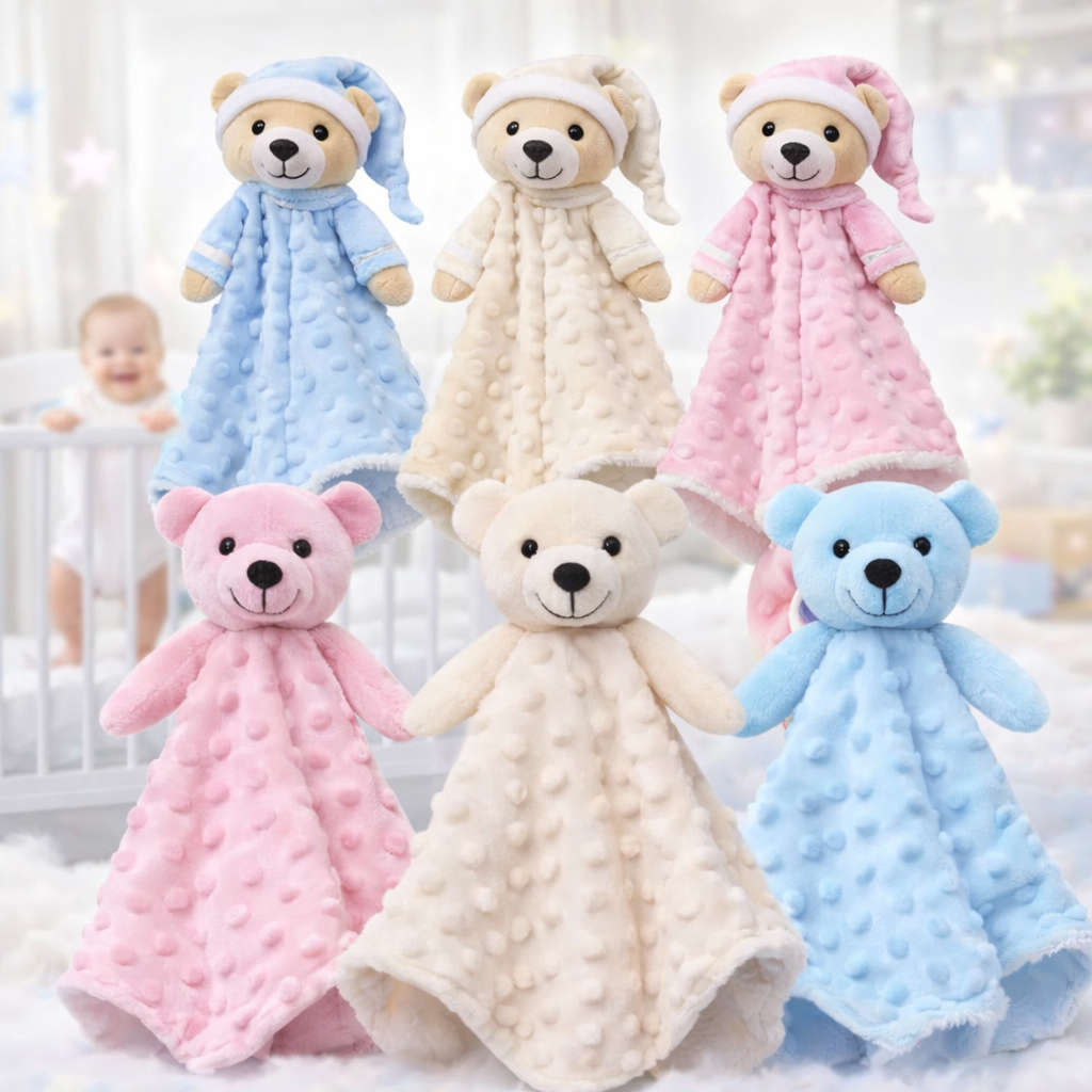 Naninha Bebê com Prendedor de Chupeta - Urso Azul Bege e Rosa - Pelucia Pipoquinha Hipoalergenica