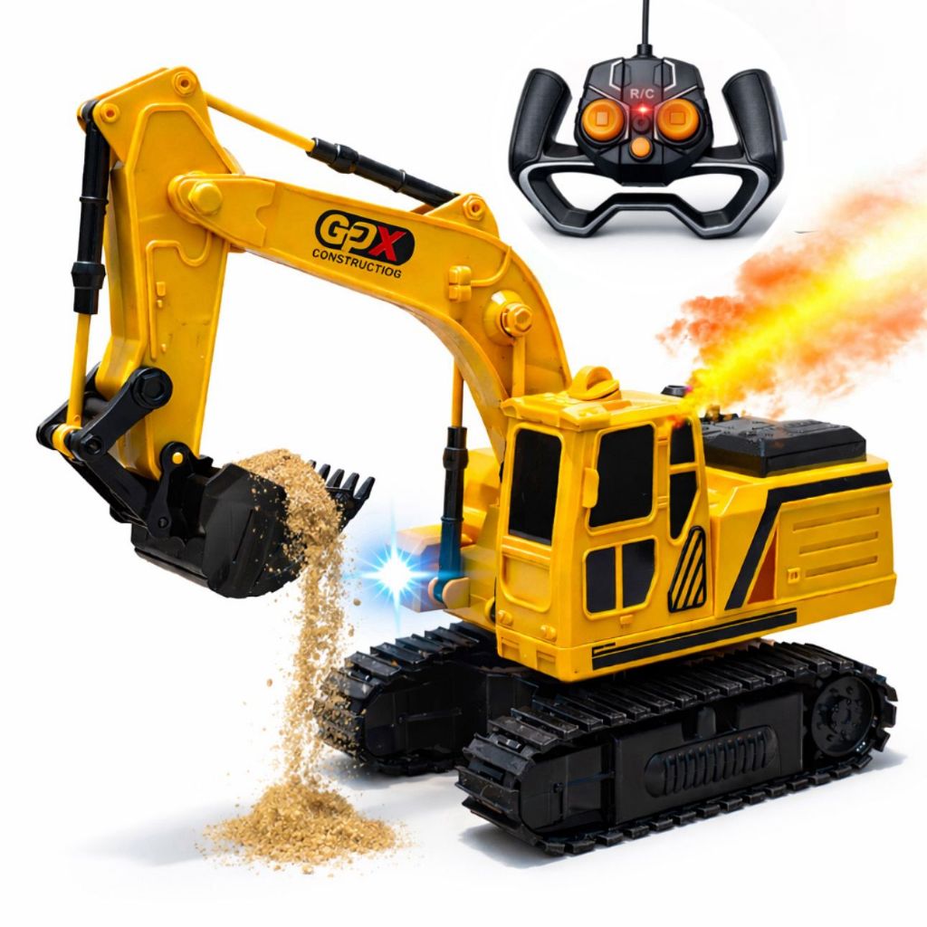 Brinquedo Escavadeira de Controle Remoto Solta Fumaça Com Luzes Maquina Infantil Brinquedo Educativo
