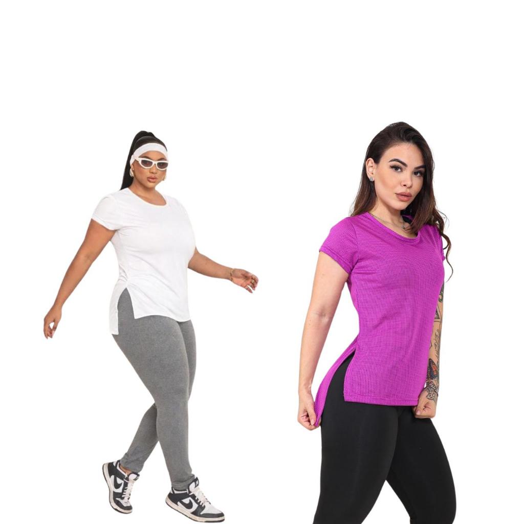 Kit 2 Blusa Feminina Lisa Com Manga Fitnes Dray Com Abertura Nas Laterais Maior Atrás Plus Size