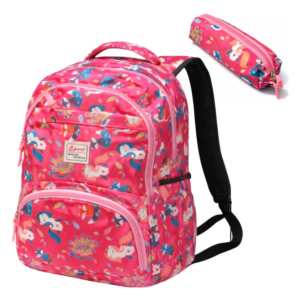 Mochila Escolar Com Estojo Unicórnio Feminina Reforçada Violeta Animal Print