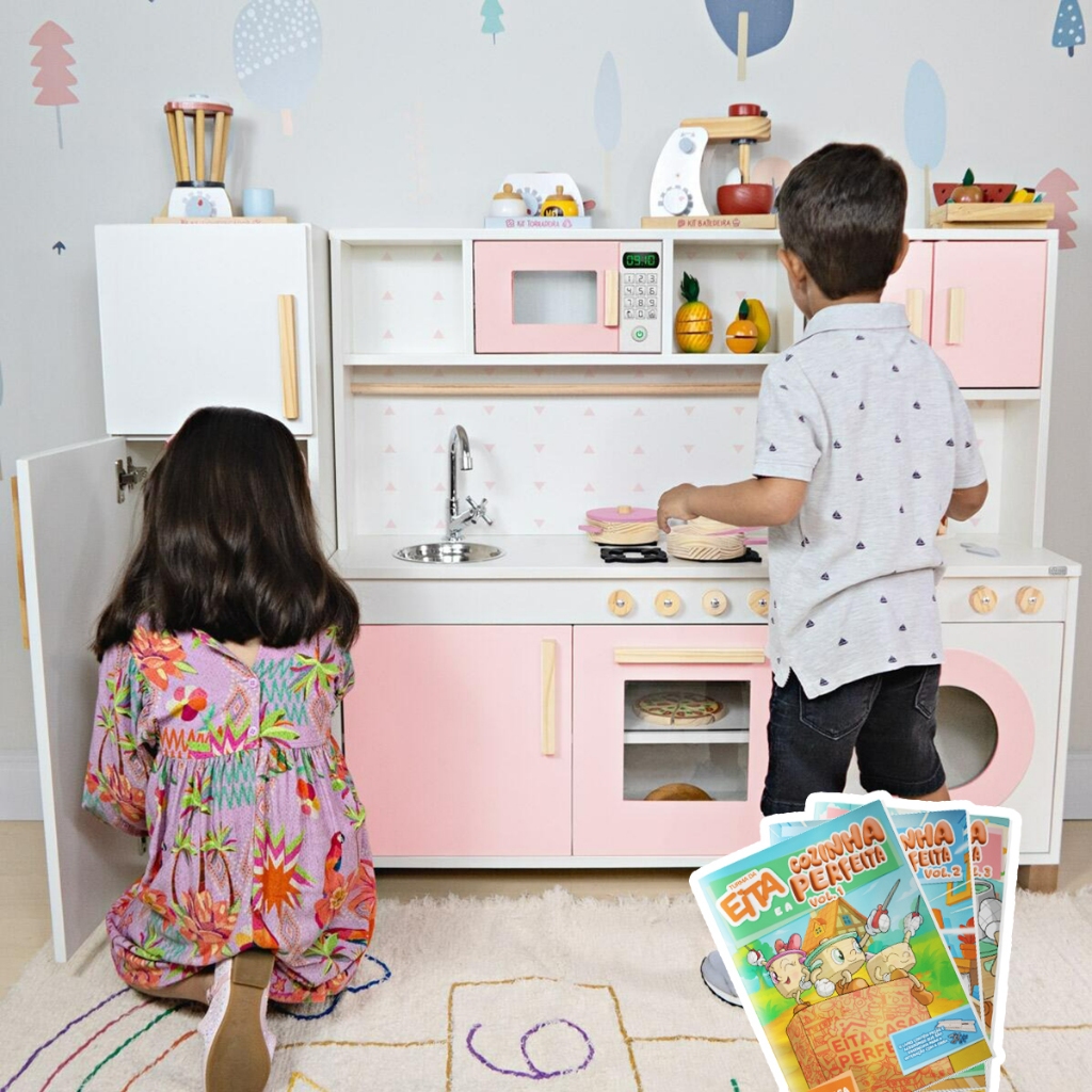 KIT COZINHA INFANTIL COMPLETO COM GELADEIRA E MÁQUINA DE LAVAR EM MADEIRA em Oferta na Shopee