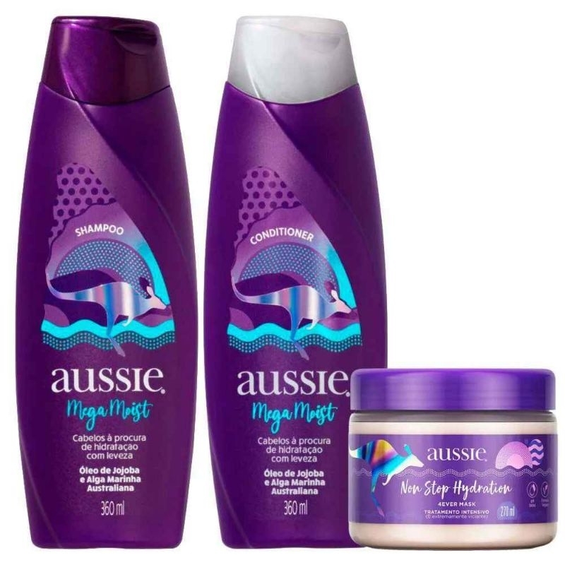 Kit Aussie Mega Moist Original Shampoo 360ml + Condicionador 360ml + Máscara Non Stop Hydration 270ml | Envio Imediato
