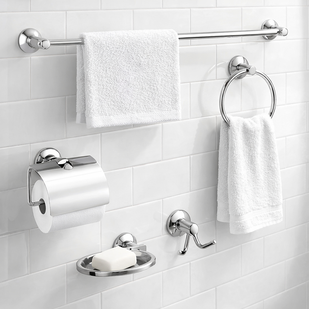 Kit Banheiro 5 Peças Completo Porta Toalha Porta Papel com Tampa Saboneteira Gancho Duplo