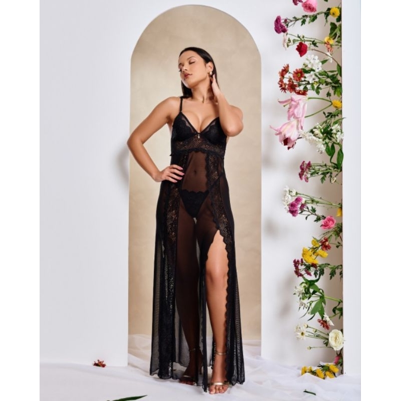Camisola Longa Tule com Renda + Calcinha | Alça Regulável | Sensual e Confortável | Linha noite | Promoção