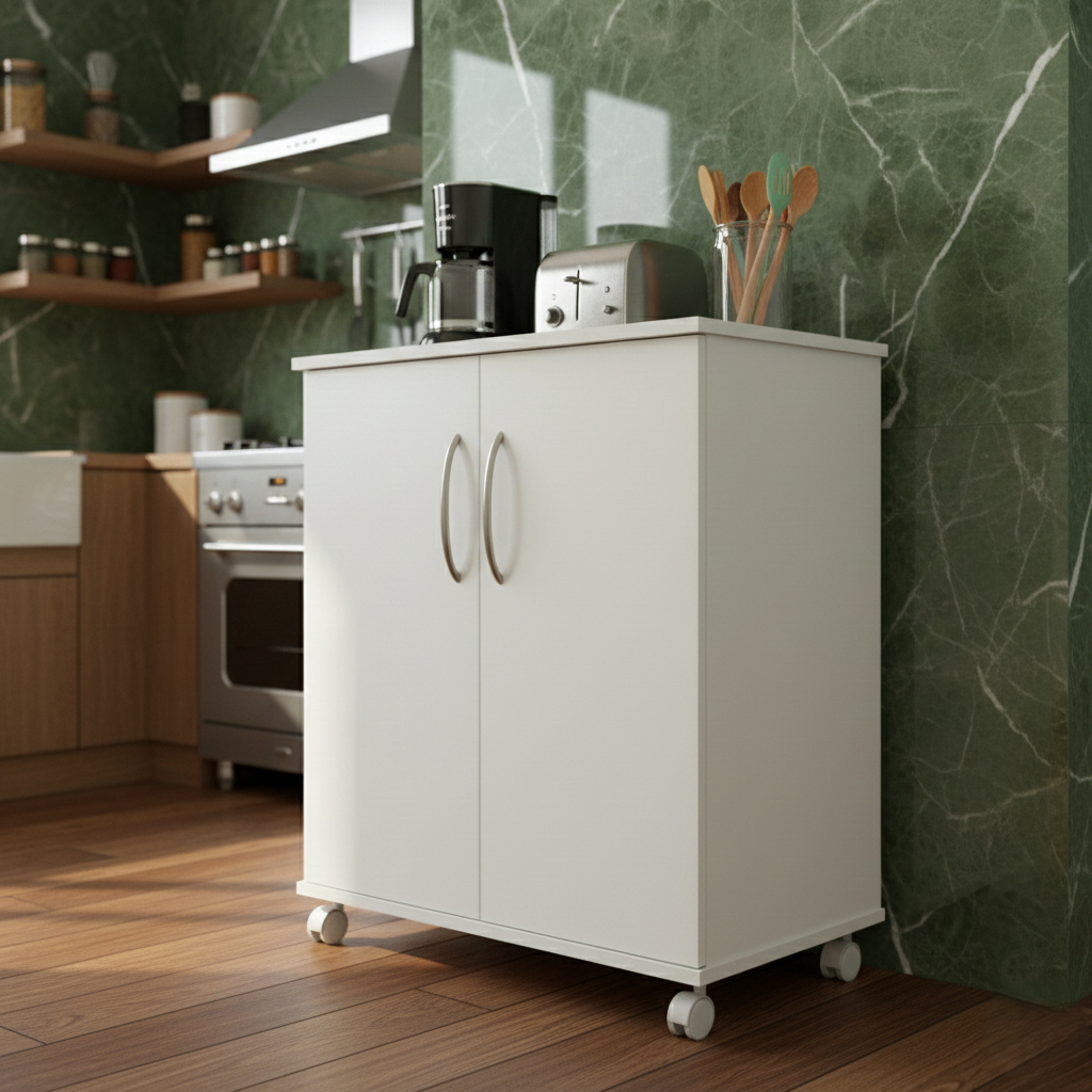 Armário Multiuso 2 portas e 4 prateleiras de Cozinha - Organizador Compacto com Rodizios