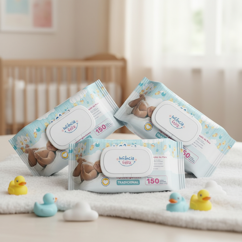 Kit 03 Pacotes Toalhas Umedecidas INFÂNCIA FELIZ - 150 Folhas com Tampa